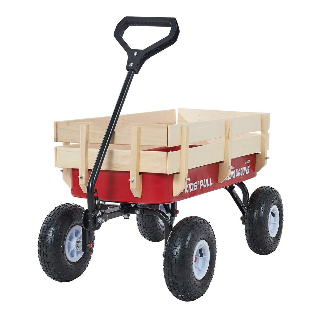 Ziehwagen für Kinder, 101 cm Kleinkind-Wagen mit Holzpaneelen & Griff, Belastbar bis 150 kg, Geländegängiger Nutzanhänger Geburtstaggeschenk für