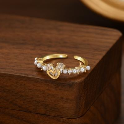 Fashionable and Trendy Love Inlaid Zircon Imitation Pearl Women's Ring, Personalized and Trendy Holiday Party Accessories Gift