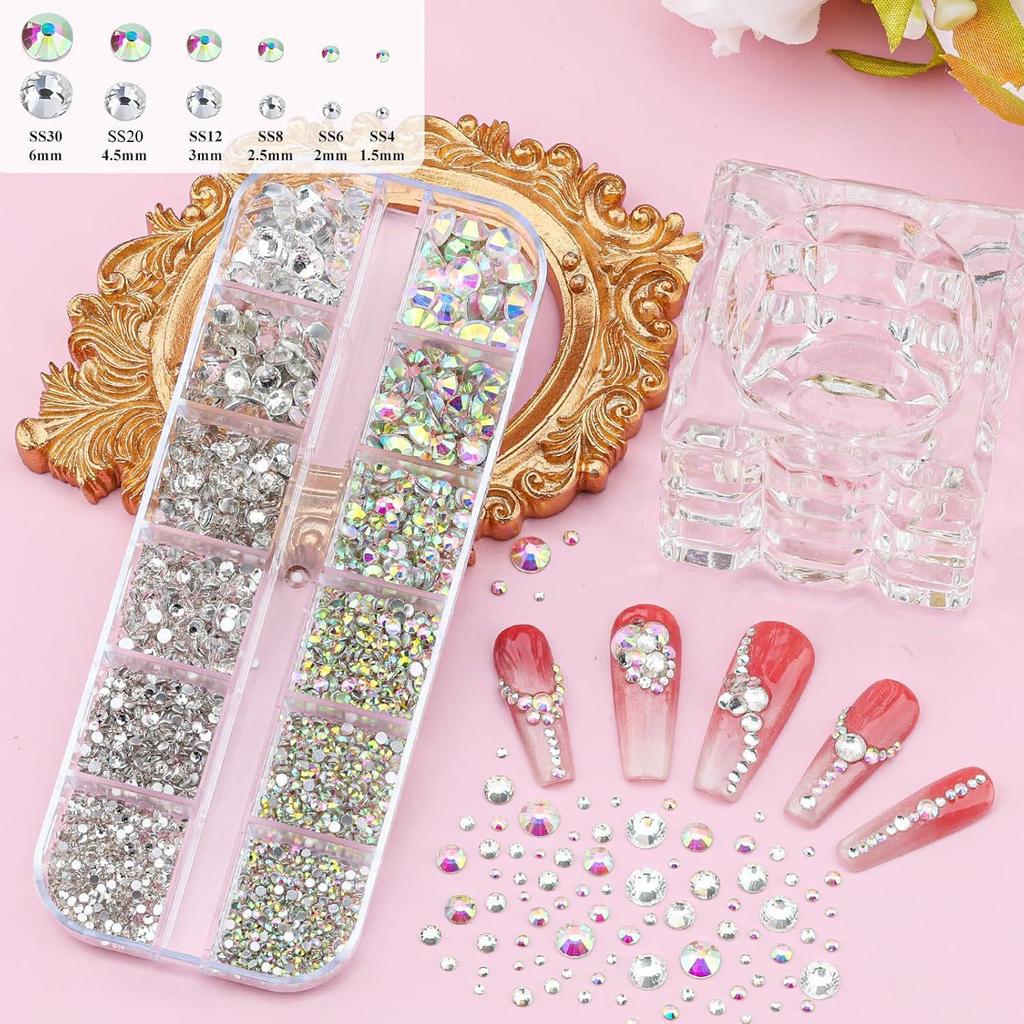12-Grid Nail Art Set: Glass Rhinestones, Mini Steel Beads, Flat-Bottom Half Pearls for Decoration.