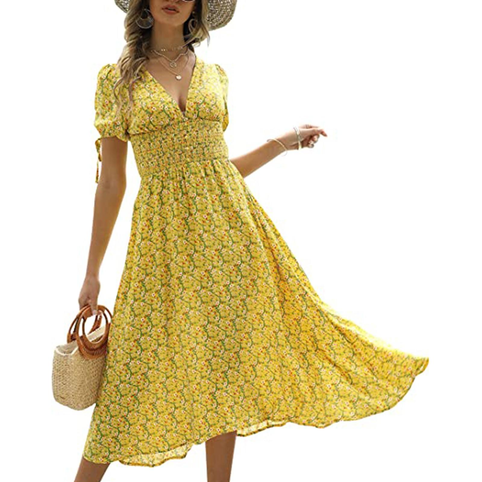 

Жіноча сексуальна модна довга сукня-туніка з V-подібним вирізом і квітковим принтом S жовтий