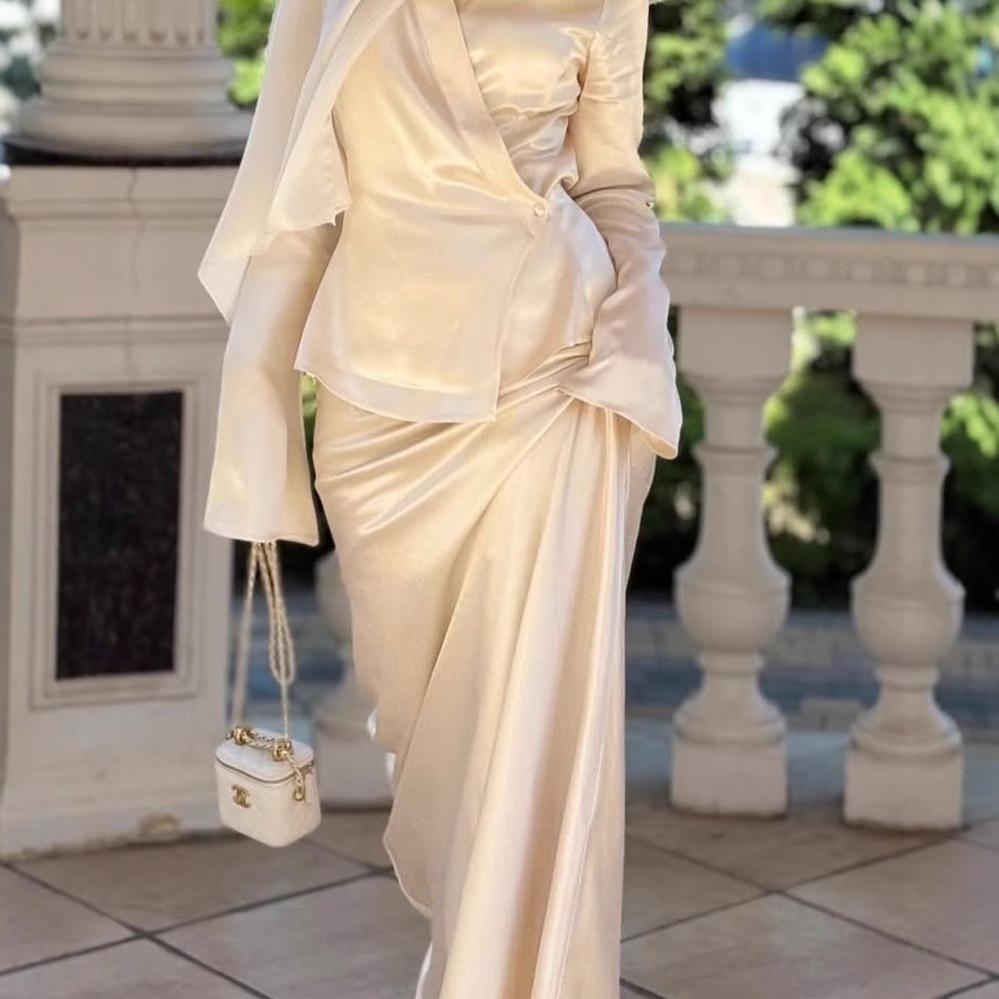 2025 Autumn Women's Slimming French Satin Long Dress Set with Long Sleeves
