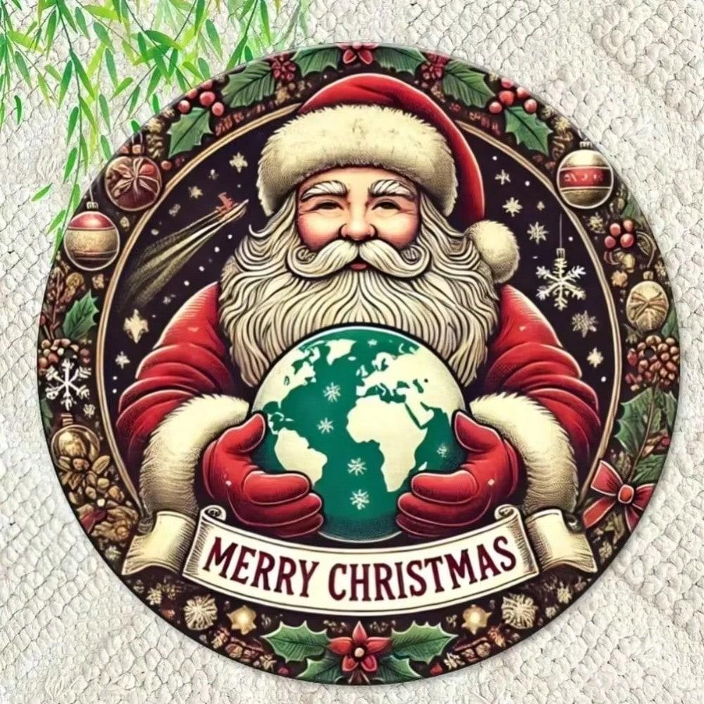 North Pole Santa Claus Metal Round Wall Art, Christmas Decoration, Waterproof Rustproof Indoor Outdoor Hanging Ornament