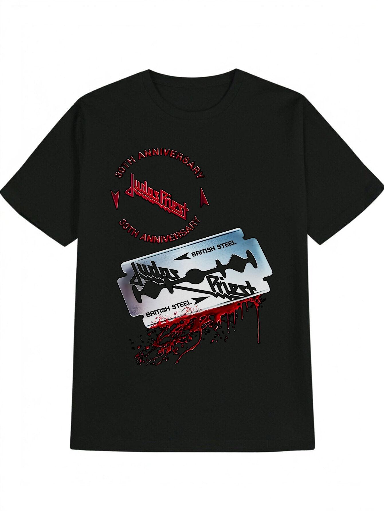 Heavy Metal Band Graphic T-shirt - Judas Priest 50th Anniversary (1991) Razor Blade Design - Black Rock Tee for Concerts M