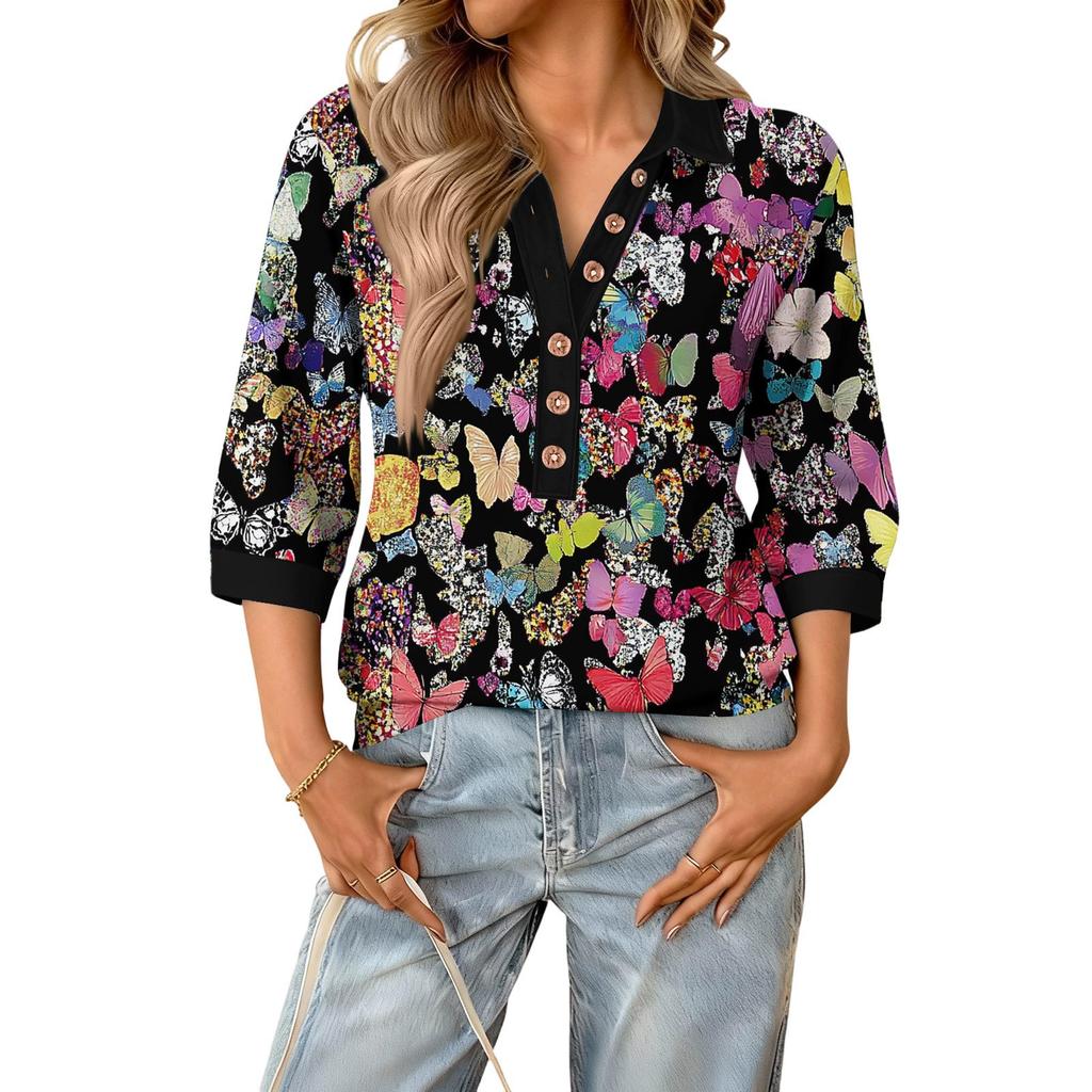 Damen modisches und lässiges Sommer V-Ausschnitt Patchwork Dreiviertelarm Blumenoberteil