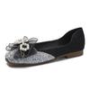 Lace Bow Flats Shoes Women Pearl Strings Lolita Shoes Crystal Beading Moccasin Slip On Loafers Women Espadrilles Plus Size 43