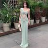 European and American Style Women's Clothing Summer Lace Hollow Slanted Shoulder Pleated Solid Color Slim Holiday Long Dress