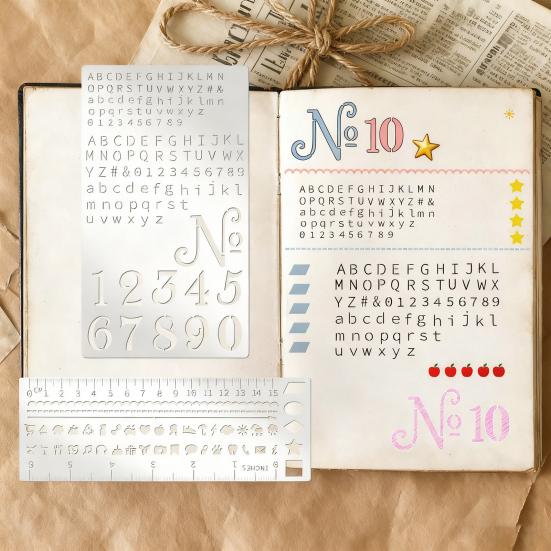 4Pcs Metal Planner Stencil Set Rustproof Engraving Stencils for Journaling Scrapbooks Rulers Numbers Letters Decorative Shapes Templates for Beginners