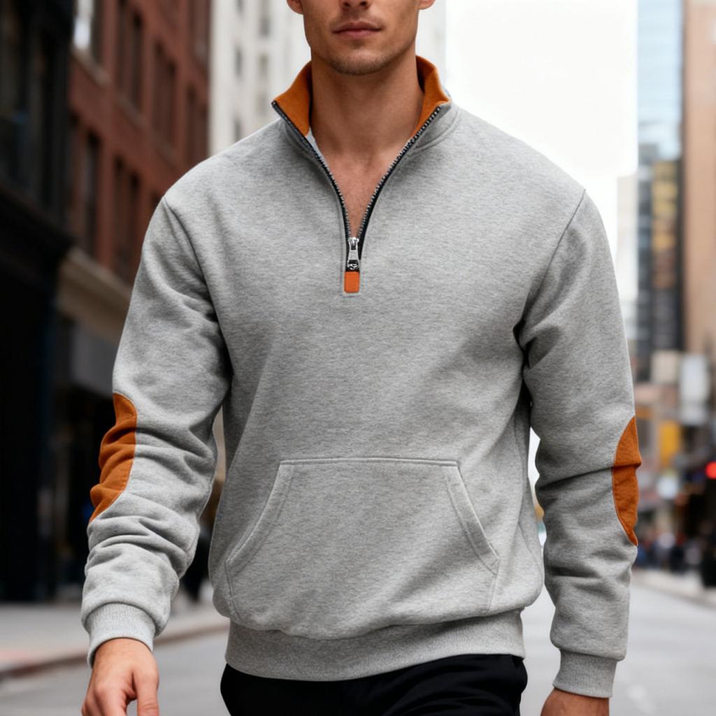 Sudadera de moda de gran tamaño para hombre Otoño/Invierno, con contraste de color, patchwork, media cremallera, forro polar, cuello alto grande