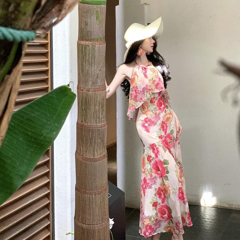 French vacation fishtail dress women's summer neck off shoulder sleeveless waist long skirt