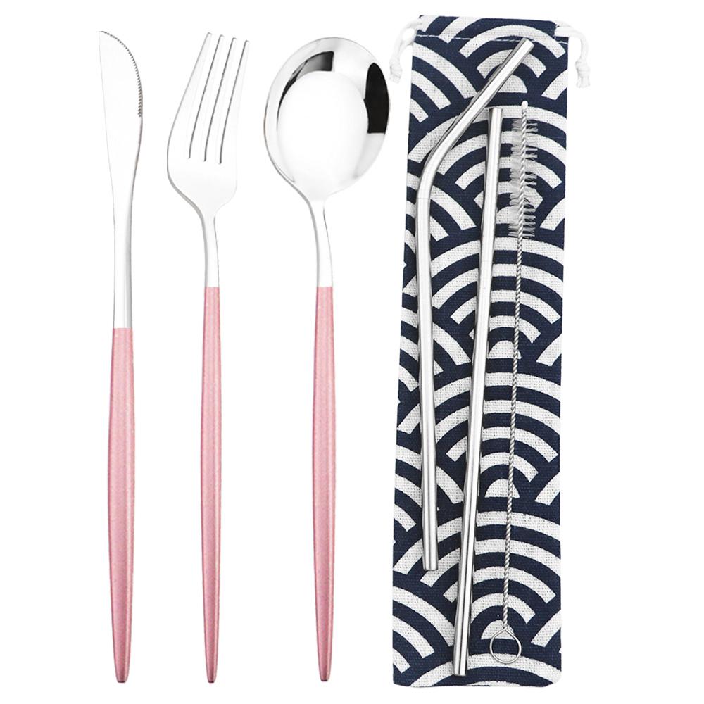 6Pcs Travel Camping Cutlery Set Travel Flatware Set Knife Fork Spoon Straw With Portable Bag Stainless Steel Tableware Set