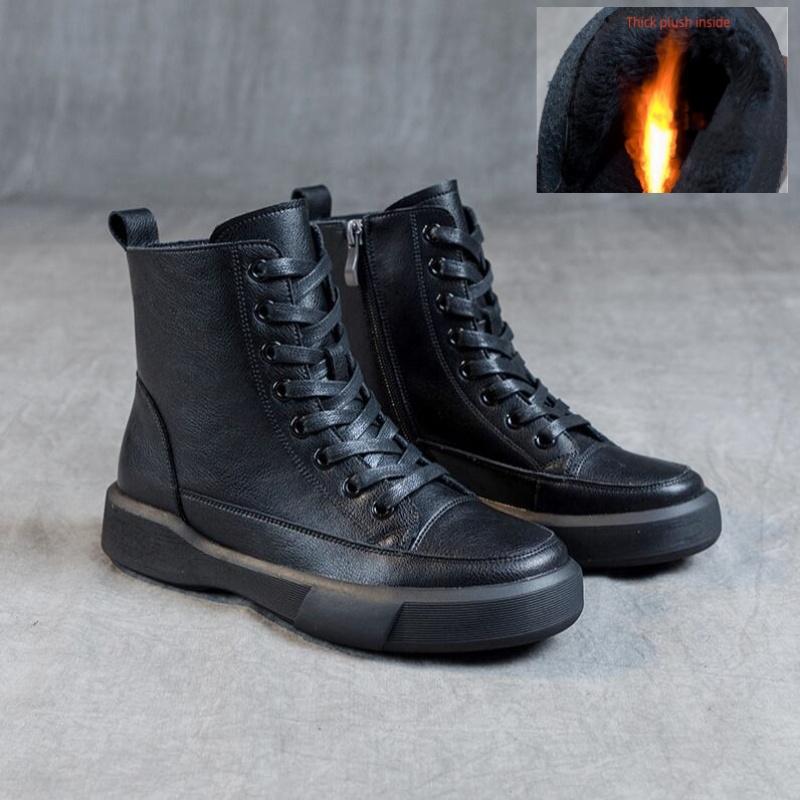 Fashion Women Snow Boots Autumn Winter Warm Plush Shoes Handmade Retro Style Flats Heel Zipper Ankle Boots For Women