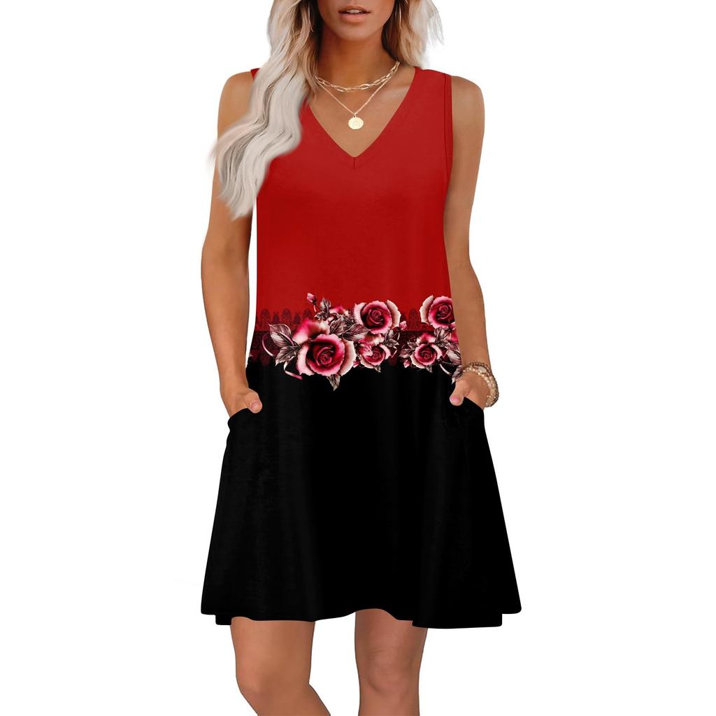 Women's Summer Dresses Loose Fit Printed V Neck Sleeveless Sundresses Beach Hawaiian Dress With Pockets