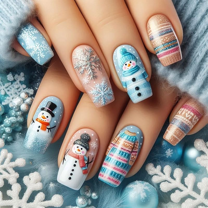 Snowflake Press on Nails Christmas Long Square Fake Nails Winter Snowman Acrylic Glue on Nail Glossy Xmas Stick on Nail for Women