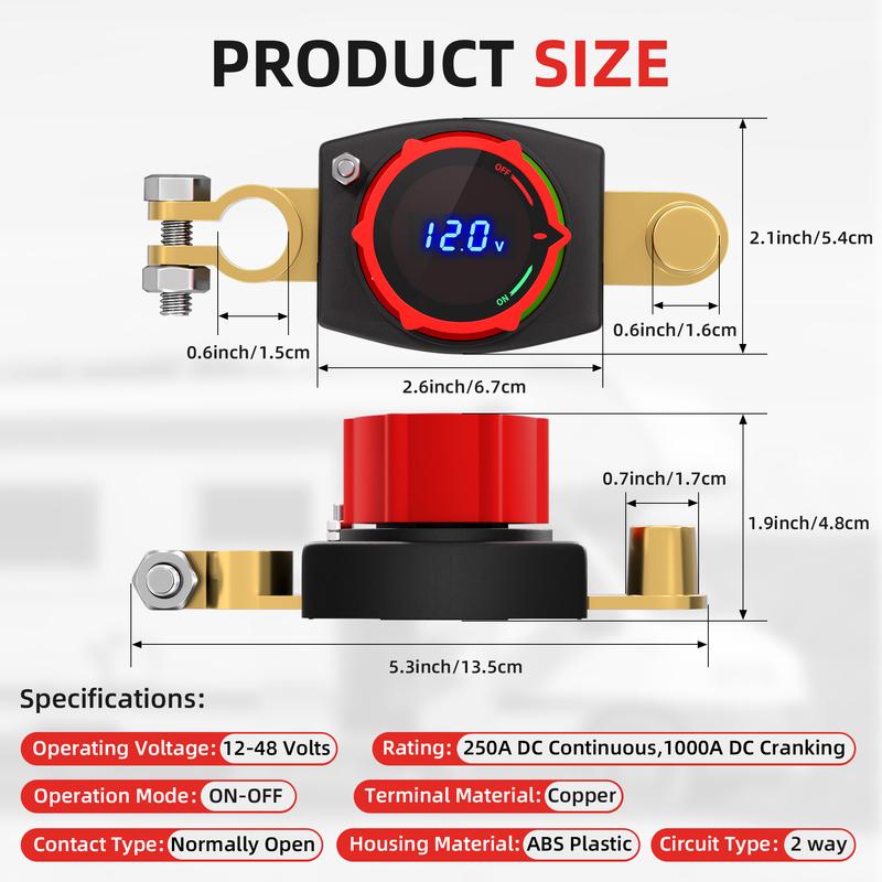 Top Post Battery Disconnect Switch 12V-48V with LED Voltmeter DC 5-60V Battery Kill Switch On/Off Battery Cut Off Switch For Car