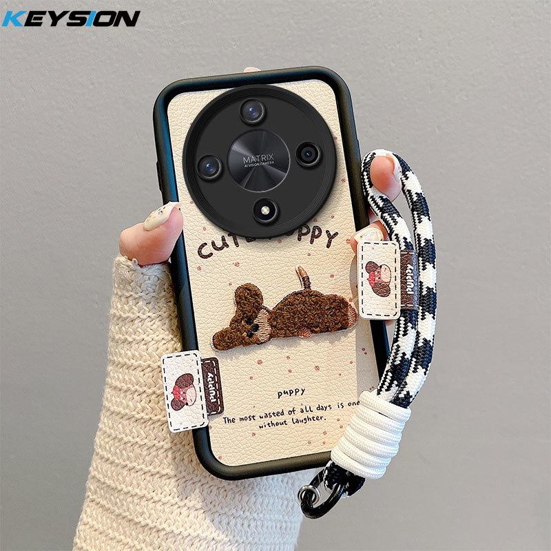 KEYSION Cartoon Cute Plush Embroidery Case for HONOR X9b 5G with Lanyard Shockproof Phone Back Cover for Huawei Magic 6 Lite 5G