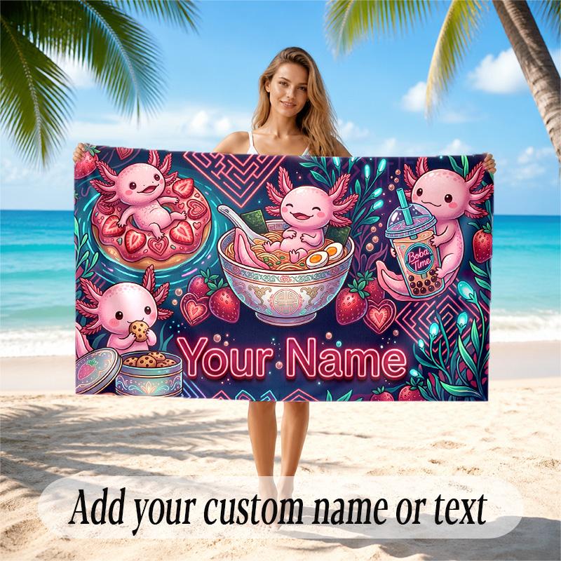 Axolotl Theme Quick Dry Beach Towel Custom Name Text Print Large Sand Resistant Towel Beach Vacation