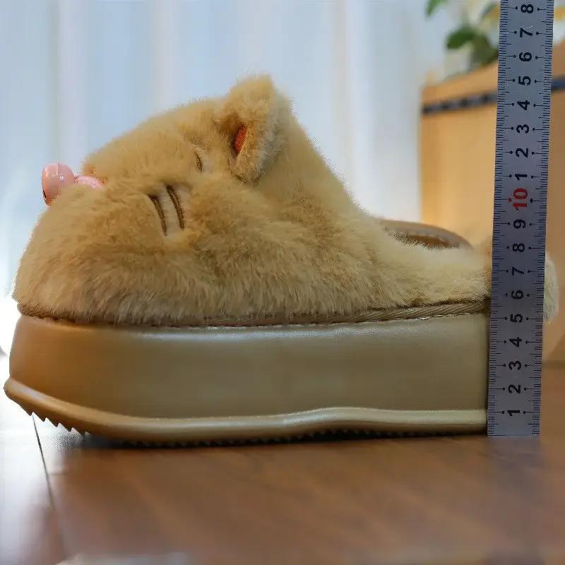 Fashion girl lovely white cat cotton slippers new 2024 winter women fur slides slippers warm comfort indoor home platform fluffy slipper