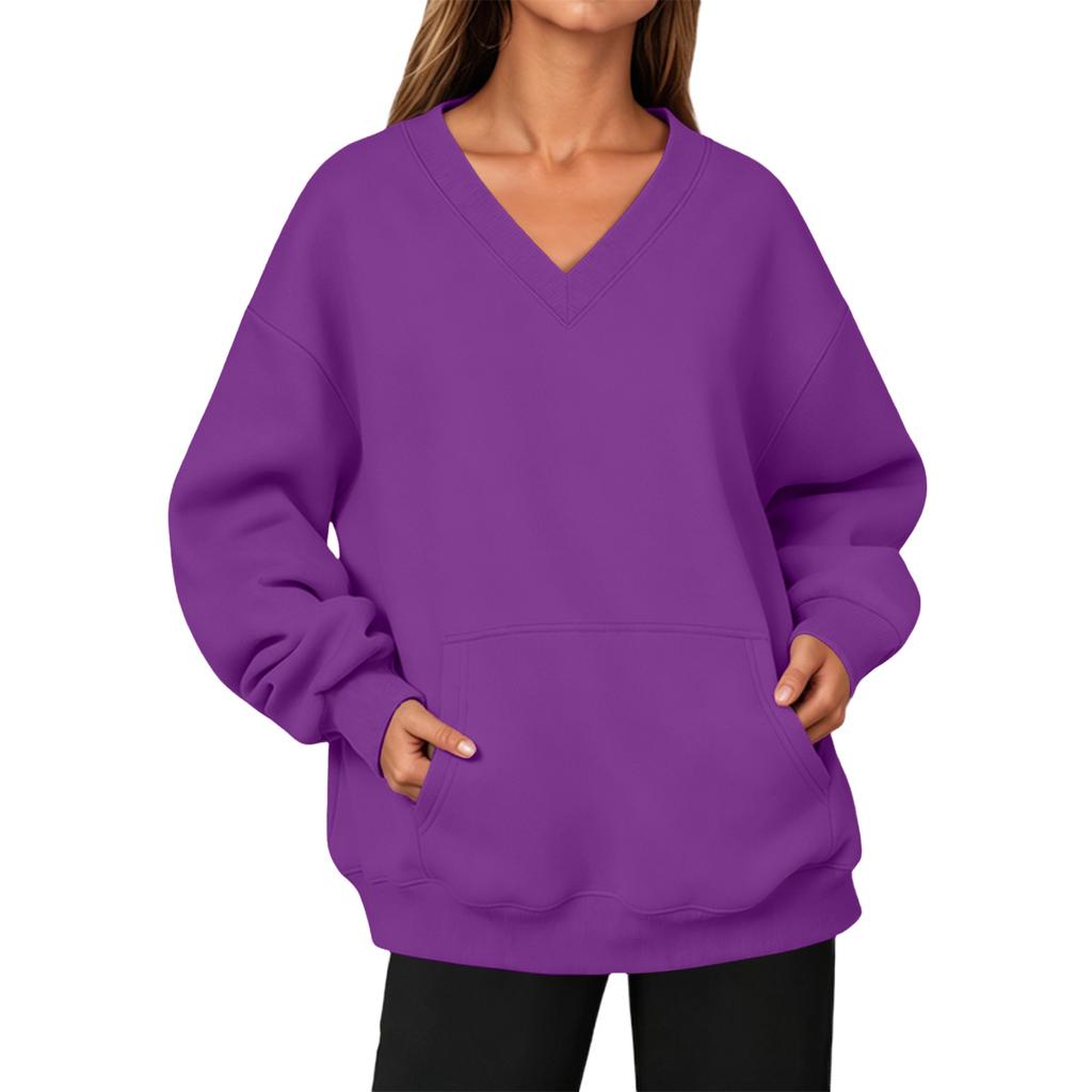 Damen Mode V-Ausschnitt Longline Pullover Sweatshirt mit Tasche für Herbst Winter