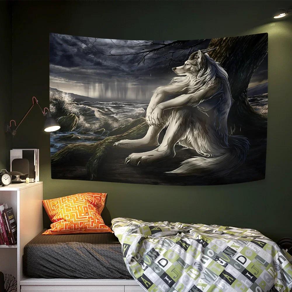 Emo White Wolf Sitting Tapestry Meme Werewolf Tapestries For Bedroom Printed Home Decoration Paintings Room Wall Hanging Posters