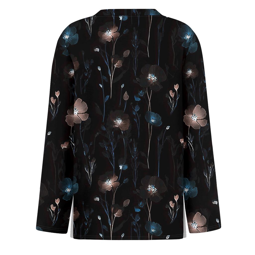 Women's Fashion Casual Slit Hem Round Neck Long Sleeve Loose  Printed T-Shirt Ladies Top