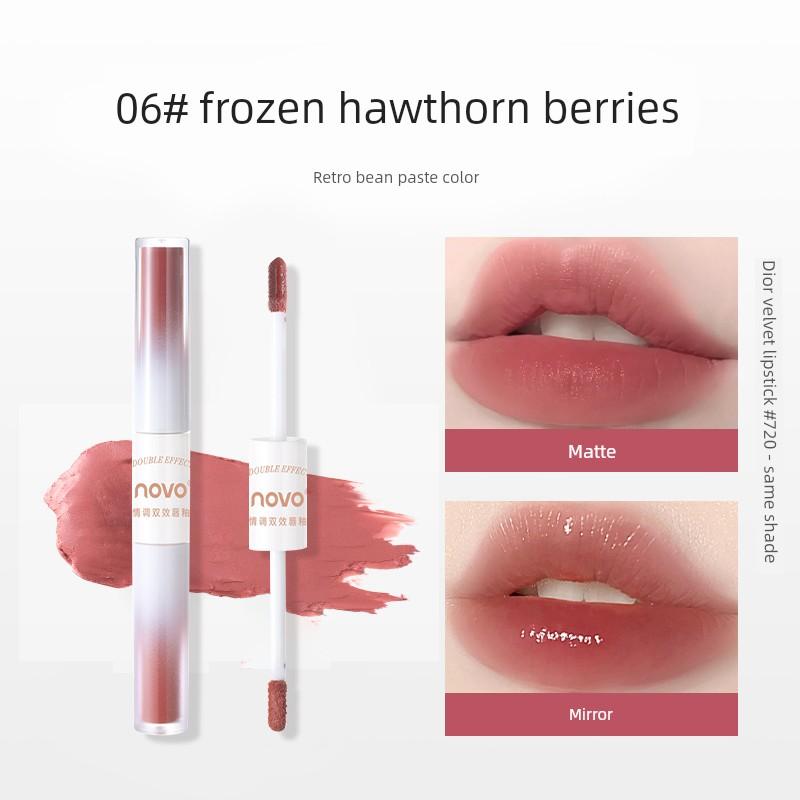 Novo Dual-Ended Lip Gloss and Lipstick for Girls, Waterproof Mirror Finish, Natural Look for Students, Dewy Plump Lips