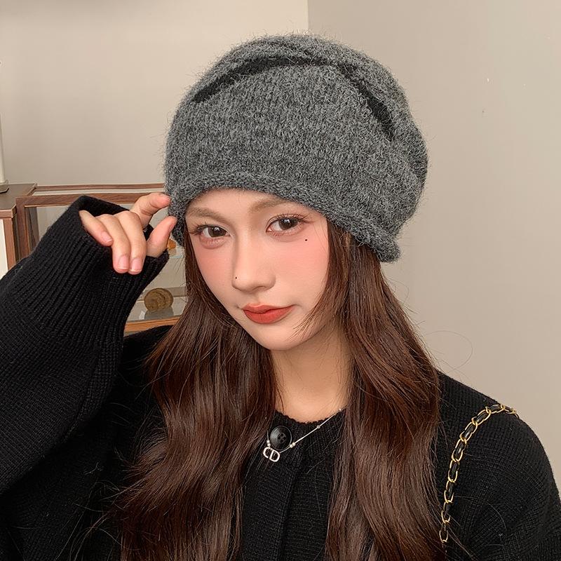 New Bow Knitted Hat Autumn and Winter Warm Ear Protection Pile Hat for Women Korean Style Big Head Circumference Showing Face Small Woolen Hat