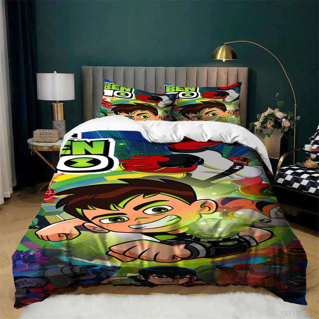 Cartoon Ben 10 Duvet Cover Set Ultra Soft Breathable Bedding Set Queen Size Lightweight Duvet Cover with 2 Pillow Cases