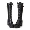 New Style Hot Sale Spring Autumn Lacing Knee High Boots Women Fashion White Square Heel Woman Leather Shoes Winter Large Size 43