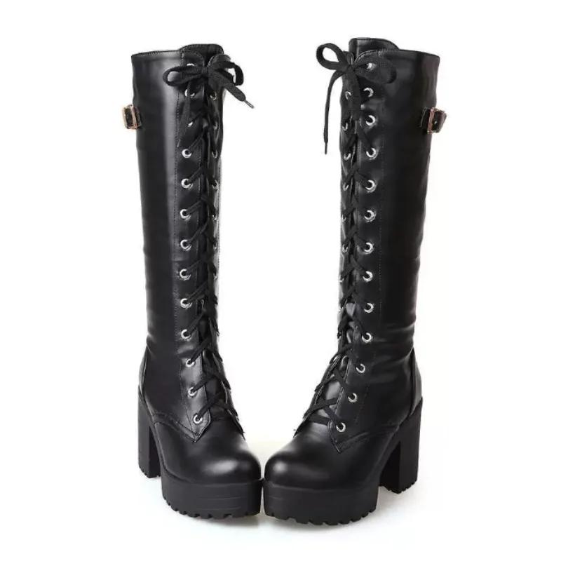 New Style Hot Sale Spring Autumn Lacing Knee High Boots Women Fashion White Square Heel Woman Leather Shoes Winter Large Size 43