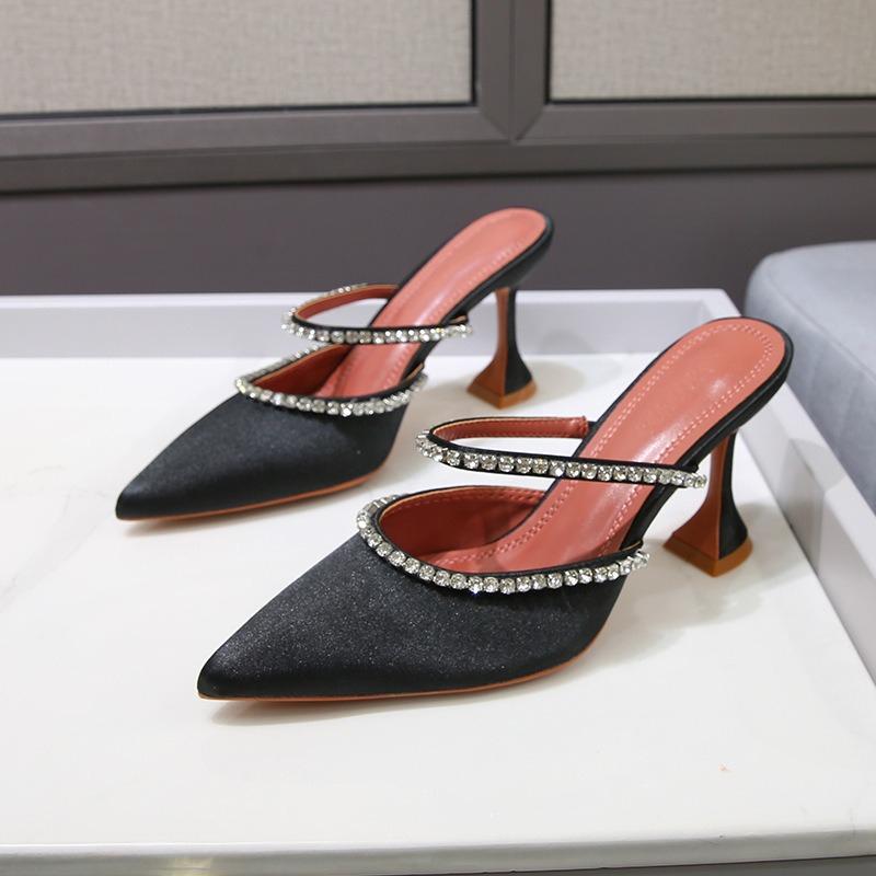 New Pointed Toe High Heels Slingback Sandals with Crystal Rhinestones Wine Glass Heel Satin Women Shoes