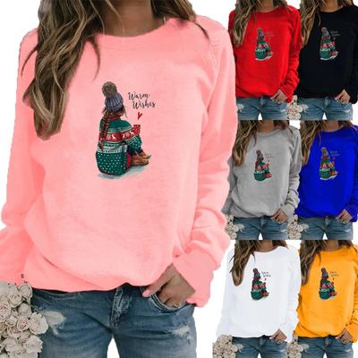Women Autumn and Winter Clothing Christmas Deer Printed Casual Sweatshirt Long Sleeve Tops T-shirt Ladies Round Neck Pullover Blouse