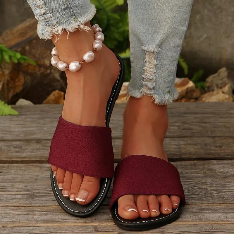 

Мода 2025 Лето Новые Базовые Женские Тапочки Уличные Плоские Тапочки Женская Повседневная Однотонная Обувь Женские Сандалии с Круглым Носком Zapatos De Mujer 43 вино красного