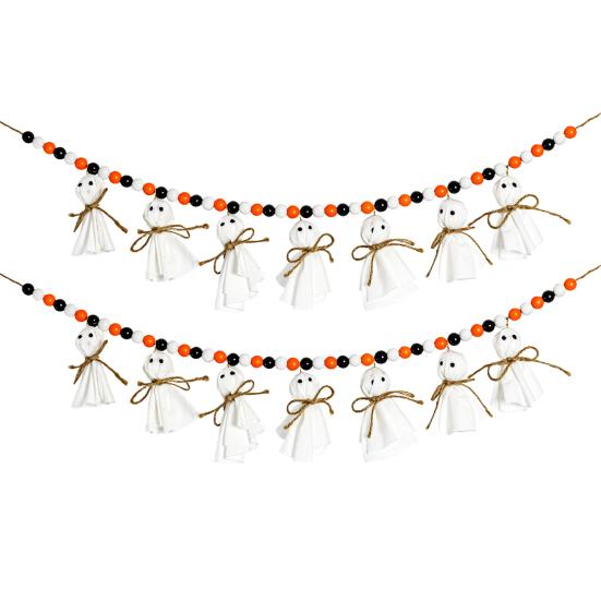 7.2FT Halloween Ghost Garland with Wooden Beads Handmade Rustic White Ghost Decor Vintage Farmhouse