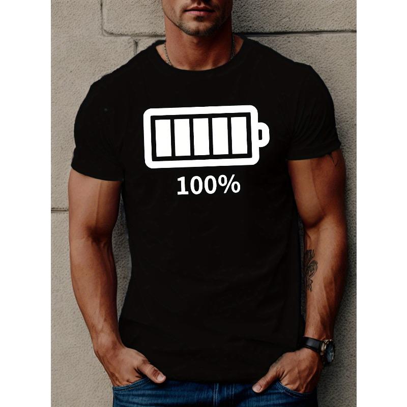

European Size Men s Fully Charged Battery Graphic T-Shirt - Casual Crew Neck Tee with Geometric Pattern, Regular Fit, Slight Stretch, Summer Top 4XL