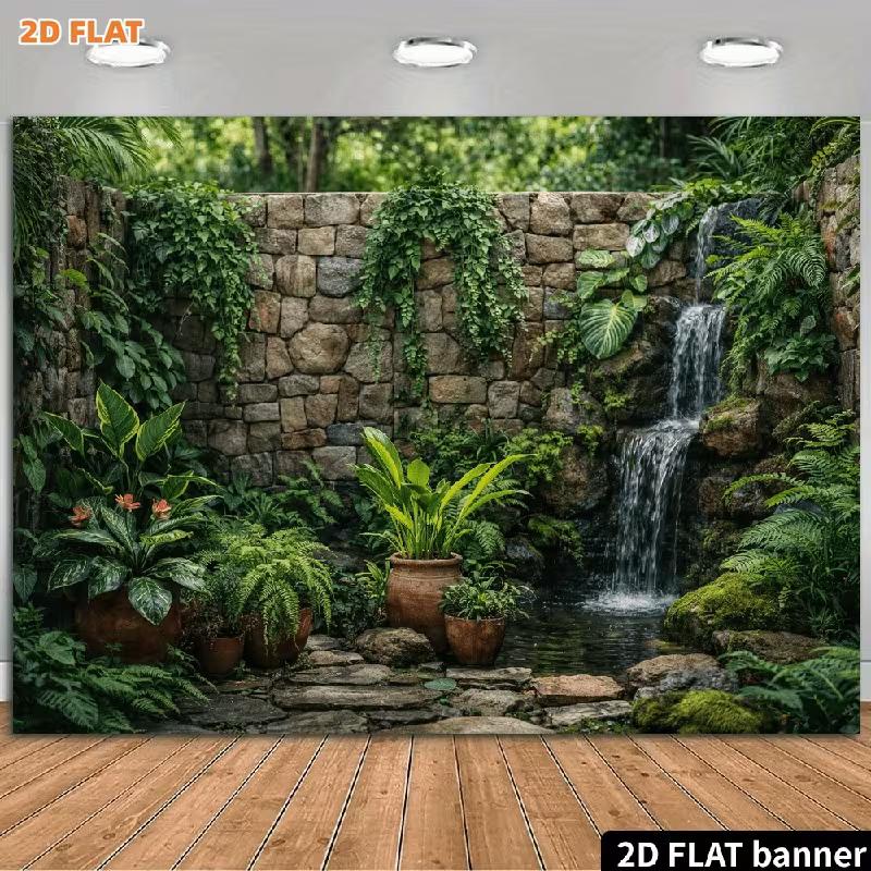 2D Patio Garden Banner with Potted Plants and Ferns Photo Booth Background Cloth