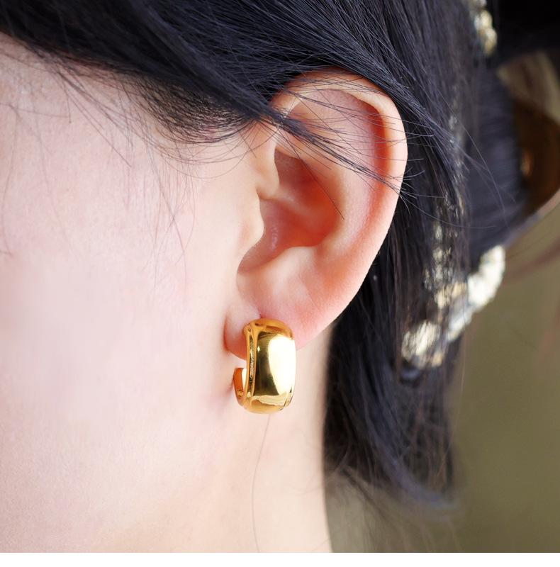 Elegant French C-Shaped Wide Noodle Stud Earrings - High-Quality Gold Plated Stainless Steel