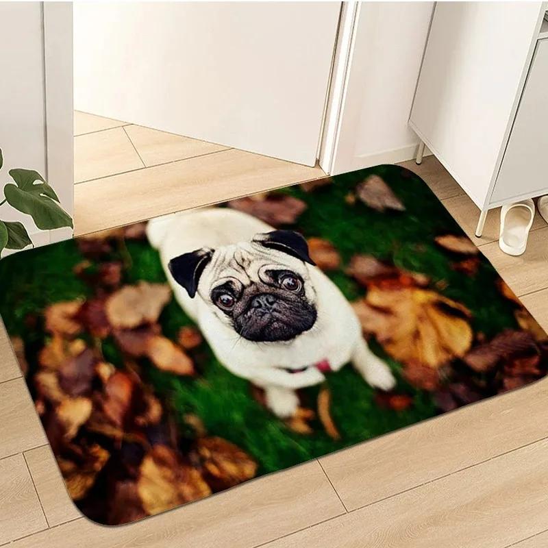 Cute Pug Dog Pattern Welcome Mat Non-Slip Indoor Outdoor Home Decor Carpet Kitchen Floor Rugs Bedroom Bathroom Entrance Doormat