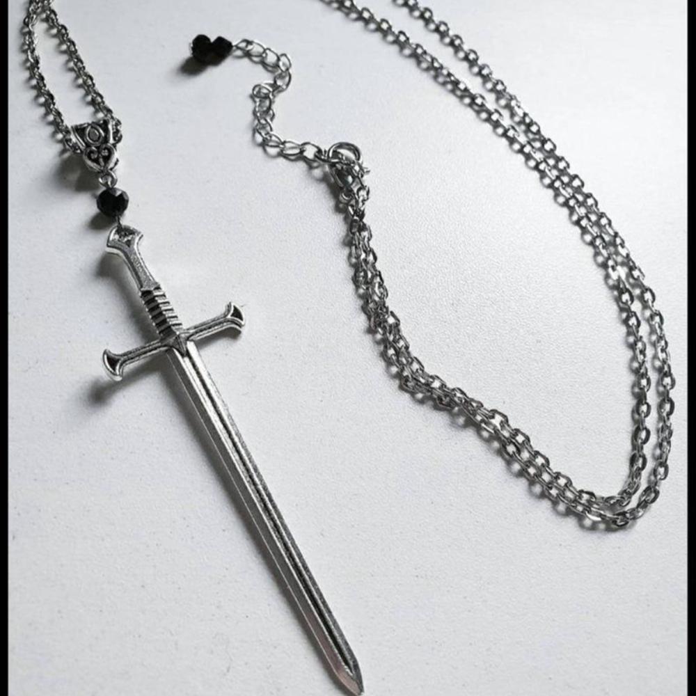 New Personality Gothic Silver Color Cross Sword Black Crystal Bead Pendant Necklace for Men Women Punk Jewelry Accessories Gifts