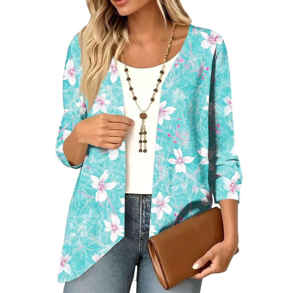 Women's Vintage Floral Print Three-Quarter Sleeve Lightweight Cardigan for Casual Daily Wear