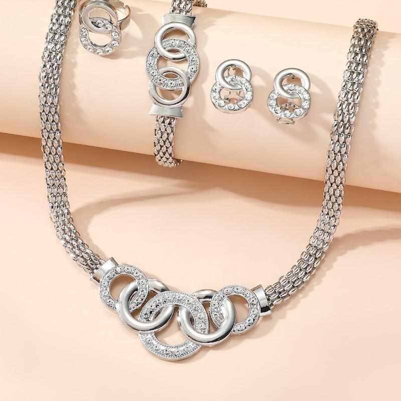 Exquisite five-piece fashion jewelry set for women: dazzling rhinestone criss-cross ring necklace and stud earrings