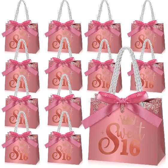 Spakon 25 Pcs Sweet 16 Party Favors for Guests 16 Years Birthday Party Gift Bags with Handles and Ribbons Sweet 16 Candy Bags Birthday Gift Bags