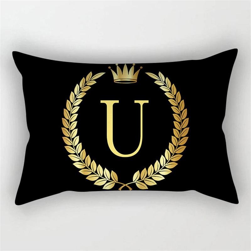 Gold Color Letter Cushion Cover 30x50cm Rectangle Pillow Case Crown Leaves Plant Polyester Black Sofa Pillow Cover Home Decor