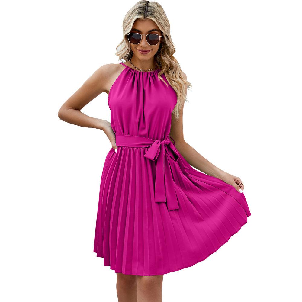 Sommerkleider für Damen, lässig, Neckholder, ärmellos, plissiert, A-Linie, Knopfleiste hinten, mit Gürtel