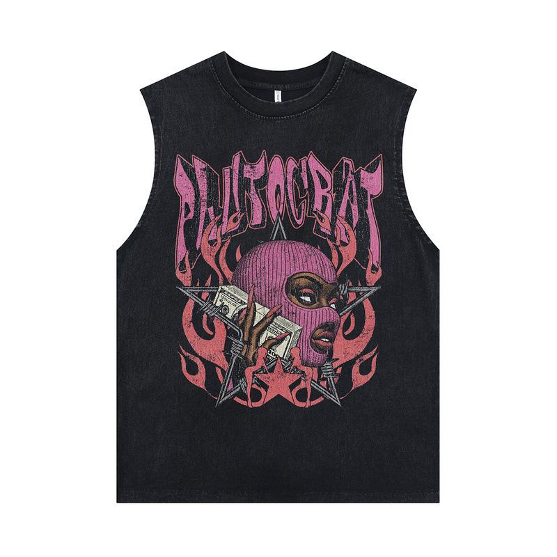 European And American High Street Retro Washed Old Rock Sweat Vest Couple Casual Direct Injection Printing Sleeveless T-Shirt Men