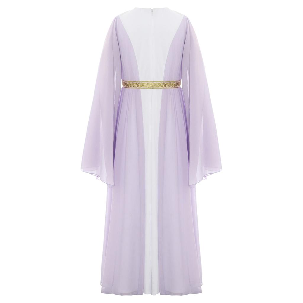Girls Ancient Greek Roman Cosplay Costume Long Sleeve Golden Embroidery Dress Tulle Patchwork Halloween Gown