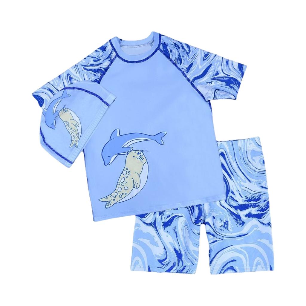 Boys Summer Three-Piece Swimsuit Set Short Sleeve Rash Guard Swim Shirt Swim Shorts Swim Cap Astronaut Print Sun Protection Swimwear