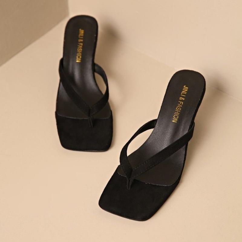 Fashion New Style Slope Slippers Women's Fashion Square Head Clip Toe Set Foot Fine Strap Soft Sole Anti-slip Wear-resistant High Heels