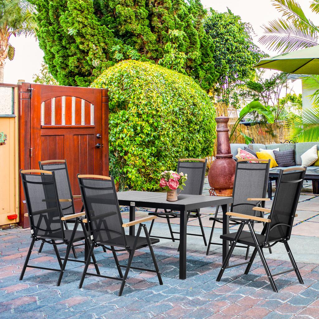 Foldable Seating Group For 6 People 1 Table Plus 6 Chairs Garden Furniture Set Seating Set Aluminum Mesh Black