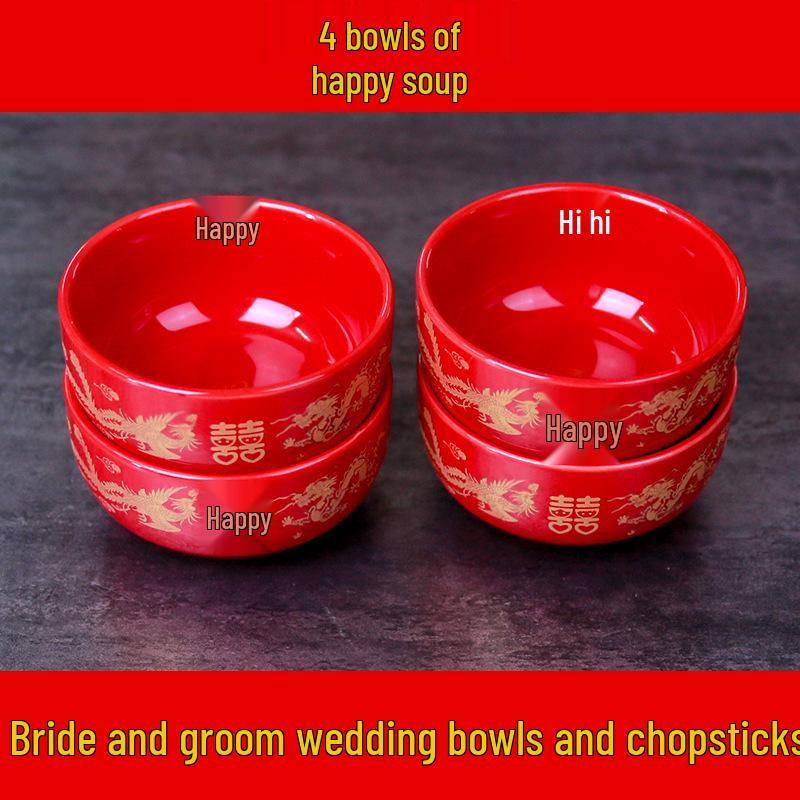 Festive Newlywed Ceramic Bowl & Chopstick Set: Happy Bowls & Red Soup Spoon for Wedding Banquet Tableware