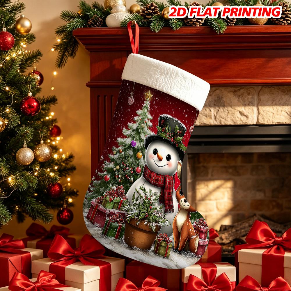 Christmas Decoration Fireplace Hanging Stocking 1pc 1pcs Snowman & Reindeer Christmas Stocking Ornament - Flat